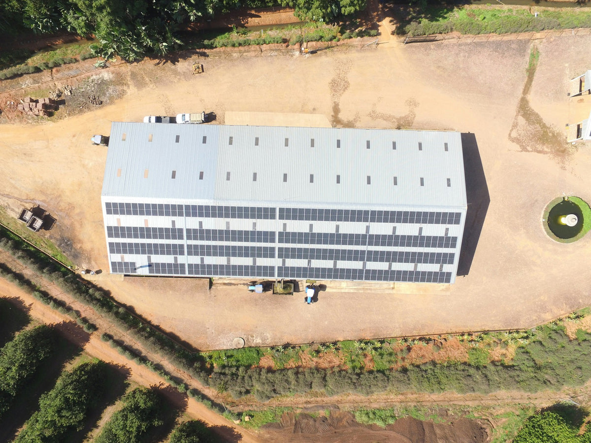 An aerial view of a large rectangular warehouse or factory building with a light gray metal roof and rows of dark solar panels across the exterior, surrounded by dirt lots and green vegetation.