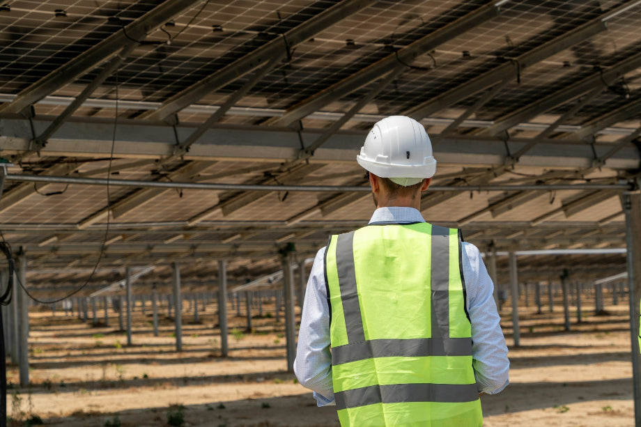 Person in a hard hat and high-visibility vest standing beneath rows of ground-mounted solar panels at a large-scale solar farm.